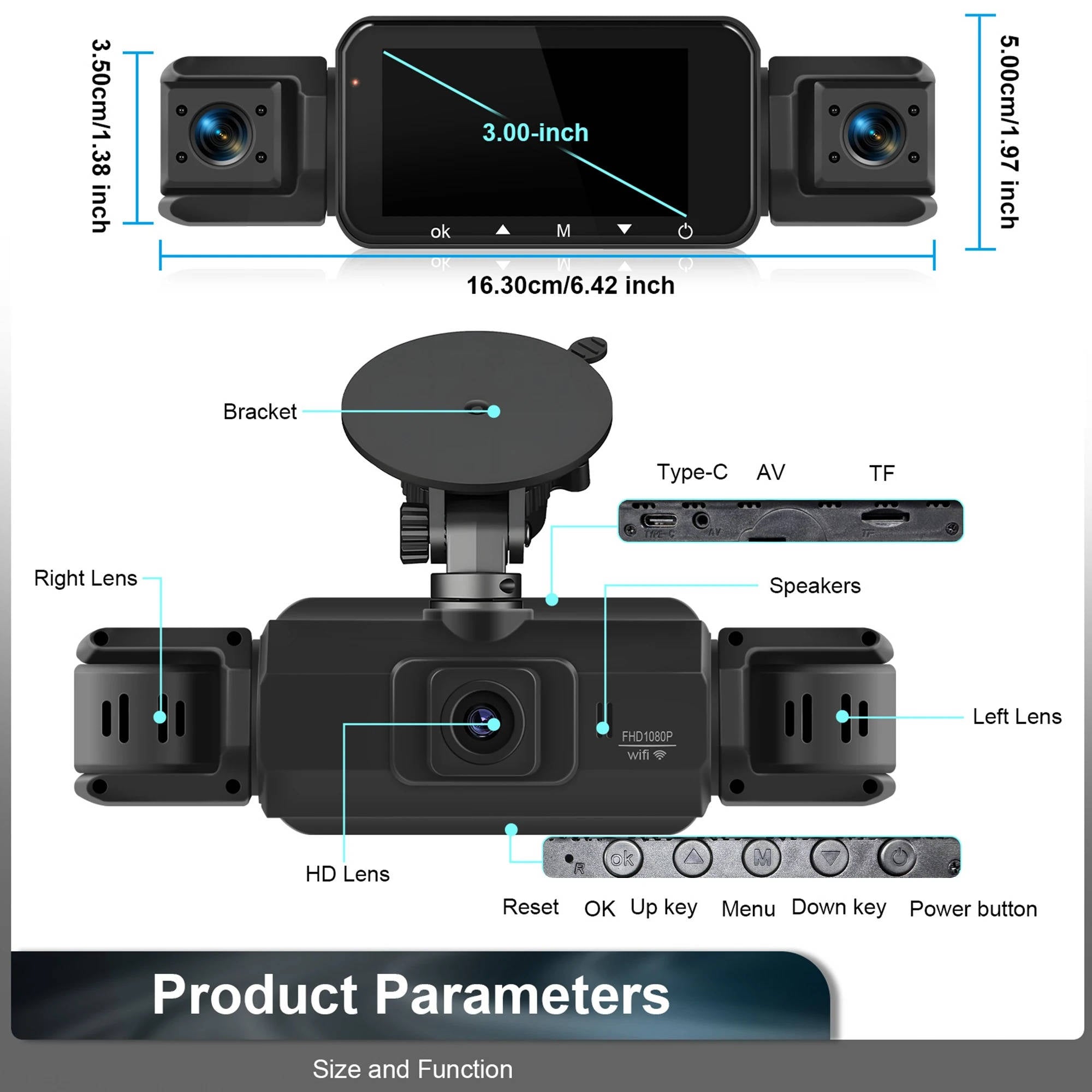Car Dash Cam with Four Cameras and Night Vision, 1920P Front 3.0-Inch Display Valideals Outlet