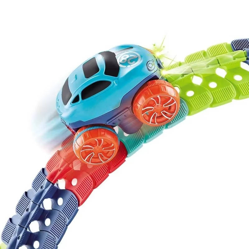 Kids Race Track with LED Glow and Anti-Tip Car, Snap-Together Flexible Circuit Valideals Outlet