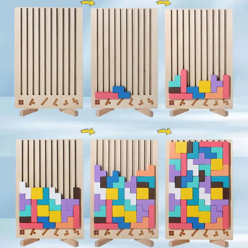Wooden Block Puzzle with 42 Pieces and Foldout Stand, 10 Double-Sided Cards Valideals Outlet