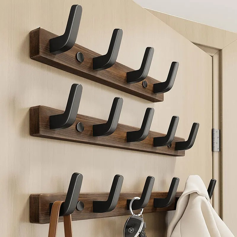 Wall Mount Coat Rack with Swinging Metal Hooks and Solid Wood Rail, Black Finish Valideals Outlet