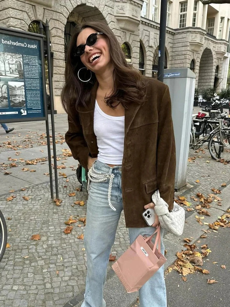 Women's Suede Jacket with Deep Front Pockets and Lightweight Lining, Tailored Lapels Valideals Outlet