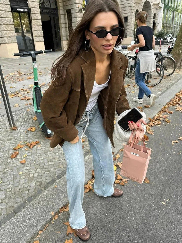 Women's Suede Jacket with Tailored Lapels and Front Pockets, Hip-Length in Rich Brown Valideals Outlet