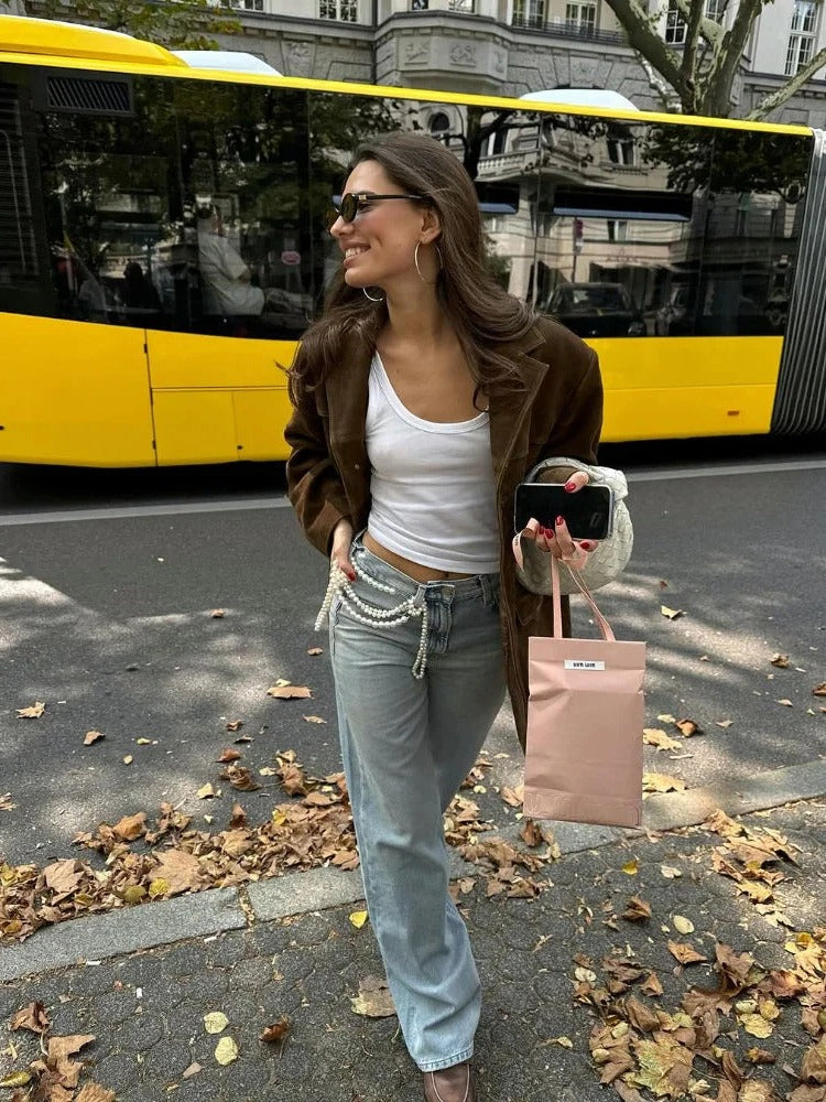 Women's Suede Jacket with Deep Front Pockets and Lightweight Lining, Tailored Lapels Valideals Outlet