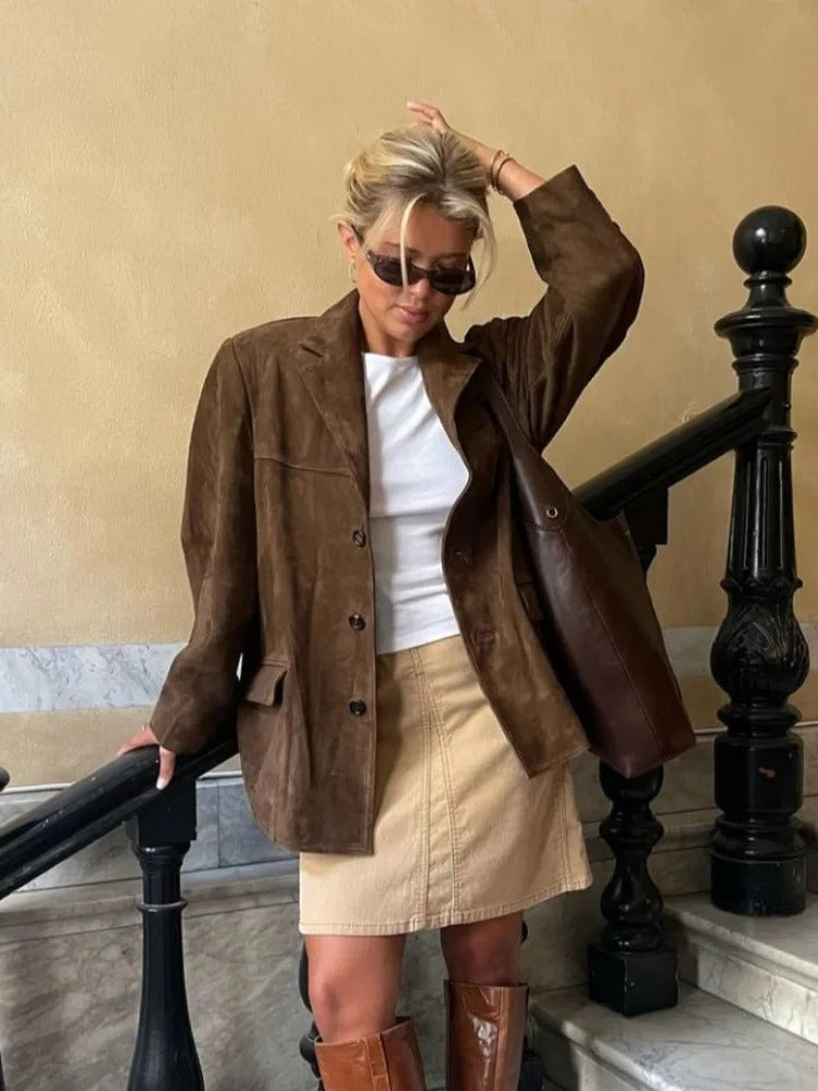 Women's Suede Jacket with Deep Front Pockets and Lightweight Lining, Tailored Lapels Valideals Outlet