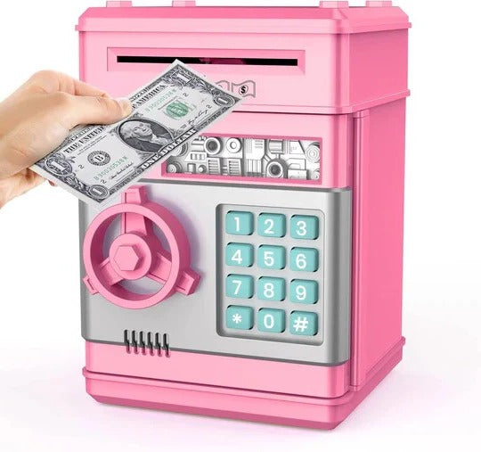Electronic Piggy Bank with 4-Digit Lock and Key Backup, Motorized Bill Intake, for Kids Valideals Outlet