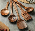 Teak Utensil Set with 5 Pieces and Ergonomic Handles, Natural Polished Finish Valideals Outlet