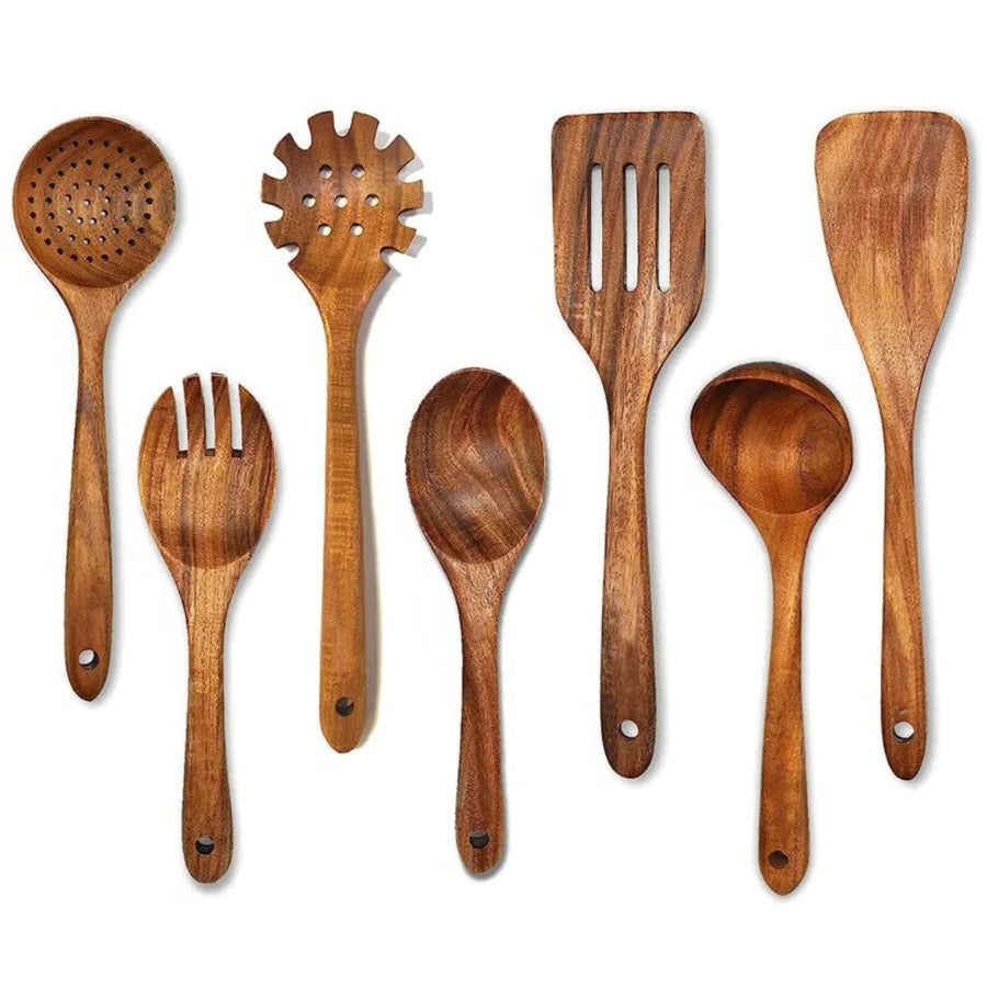 Teak Utensil Set with 5 Pieces and Ergonomic Handles, Natural Polished Finish Valideals Outlet
