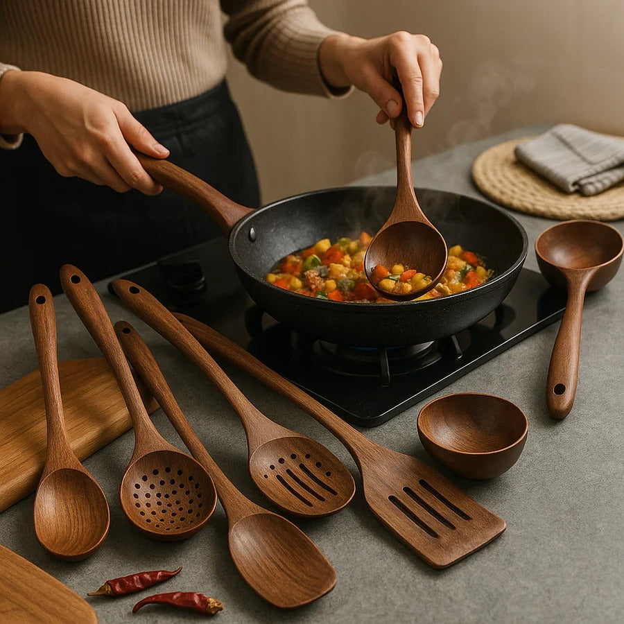 Teak Utensil Set with 5 Pieces and Ergonomic Handles, Natural Polished Finish Valideals Outlet