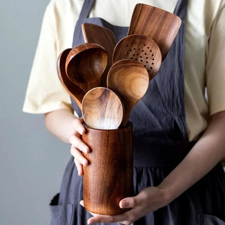 Teak Utensil Set with 5 Pieces and Ergonomic Handles, Natural Polished Finish Valideals Outlet