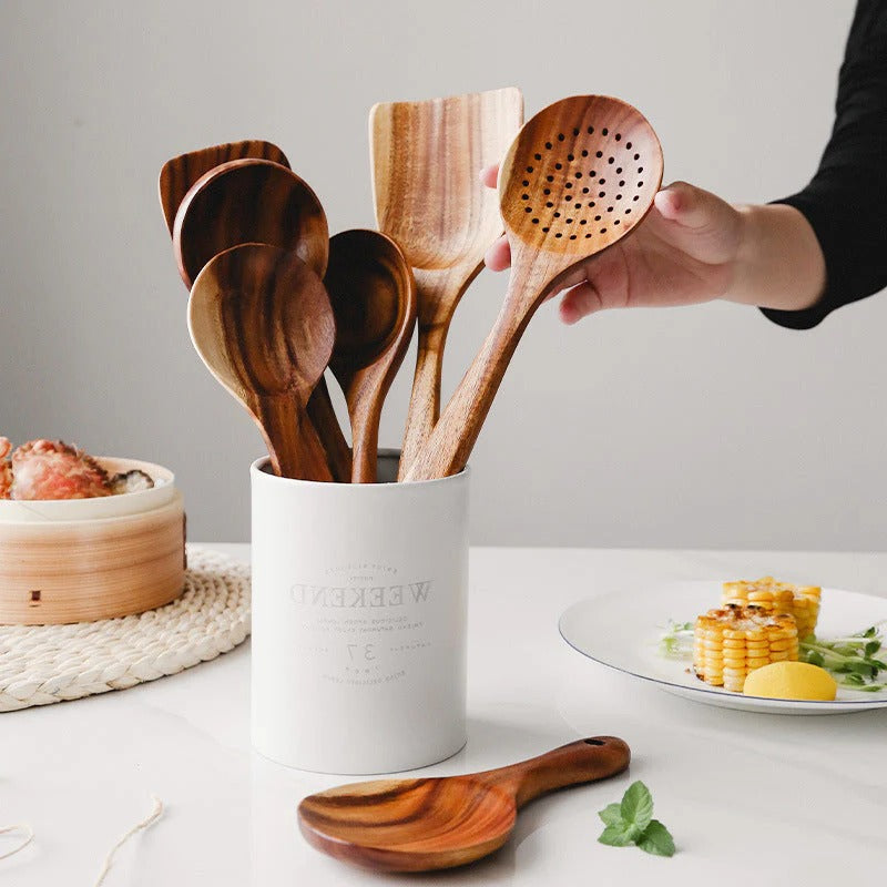 Teak Utensil Set with 5 Pieces and Ergonomic Handles, Natural Polished Finish Valideals Outlet