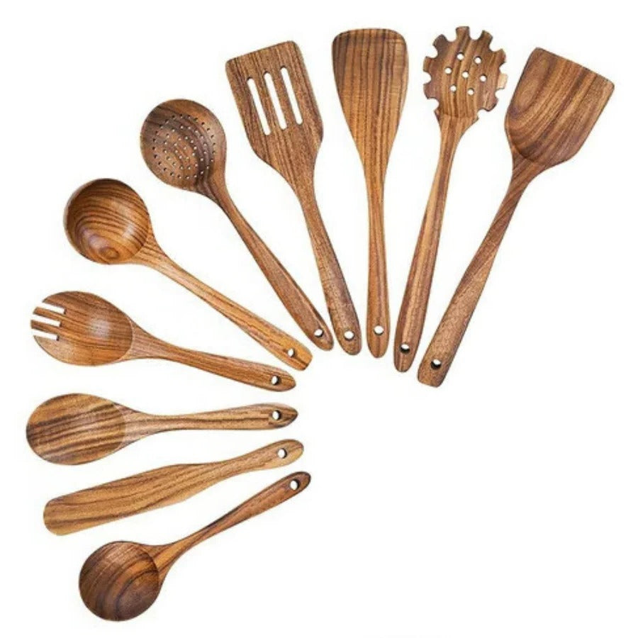 Teak Utensil Set with 5 Pieces and Ergonomic Handles, Natural Polished Finish Valideals Outlet