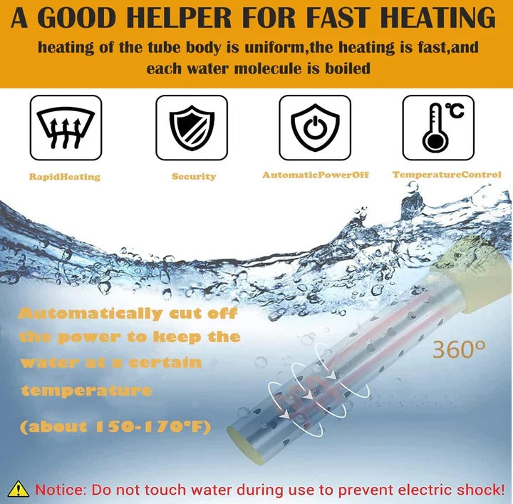 Immersion Water Heater with Guarded Coil and Insulated Handle, 220V 1000W or 2000W Valideals Outlet