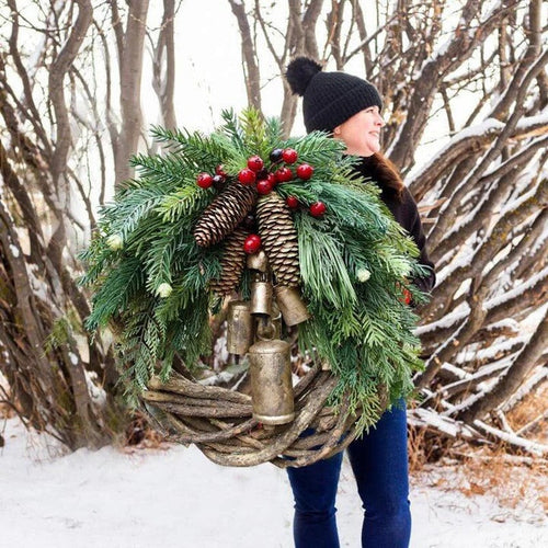 Christmas Wreath with Rustic Vine Base and Golden Jingle Bells, 17 Inch Bohemian Door Decor Valideals Outlet