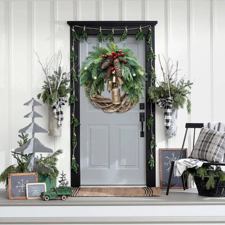 Christmas Wreath with Rustic Vine Base and Golden Jingle Bells, 17 Inch Bohemian Door Decor Valideals Outlet