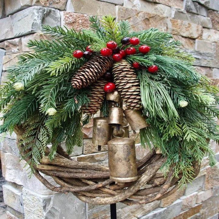 Christmas Wreath with Rustic Vine Base and Golden Jingle Bells, 17 Inch Bohemian Door Decor Valideals Outlet