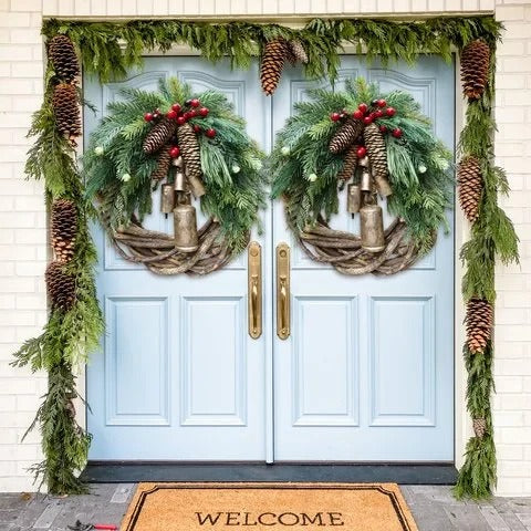 Christmas Wreath with Rustic Vine Base and Golden Jingle Bells, 17 Inch Bohemian Door Decor Valideals Outlet