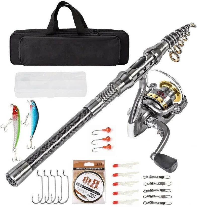 Telescopic Fishing Rod Kit with Carbon Fiber Pole and Spinning Reel, Nylon Carry Bag Valideals Outlet