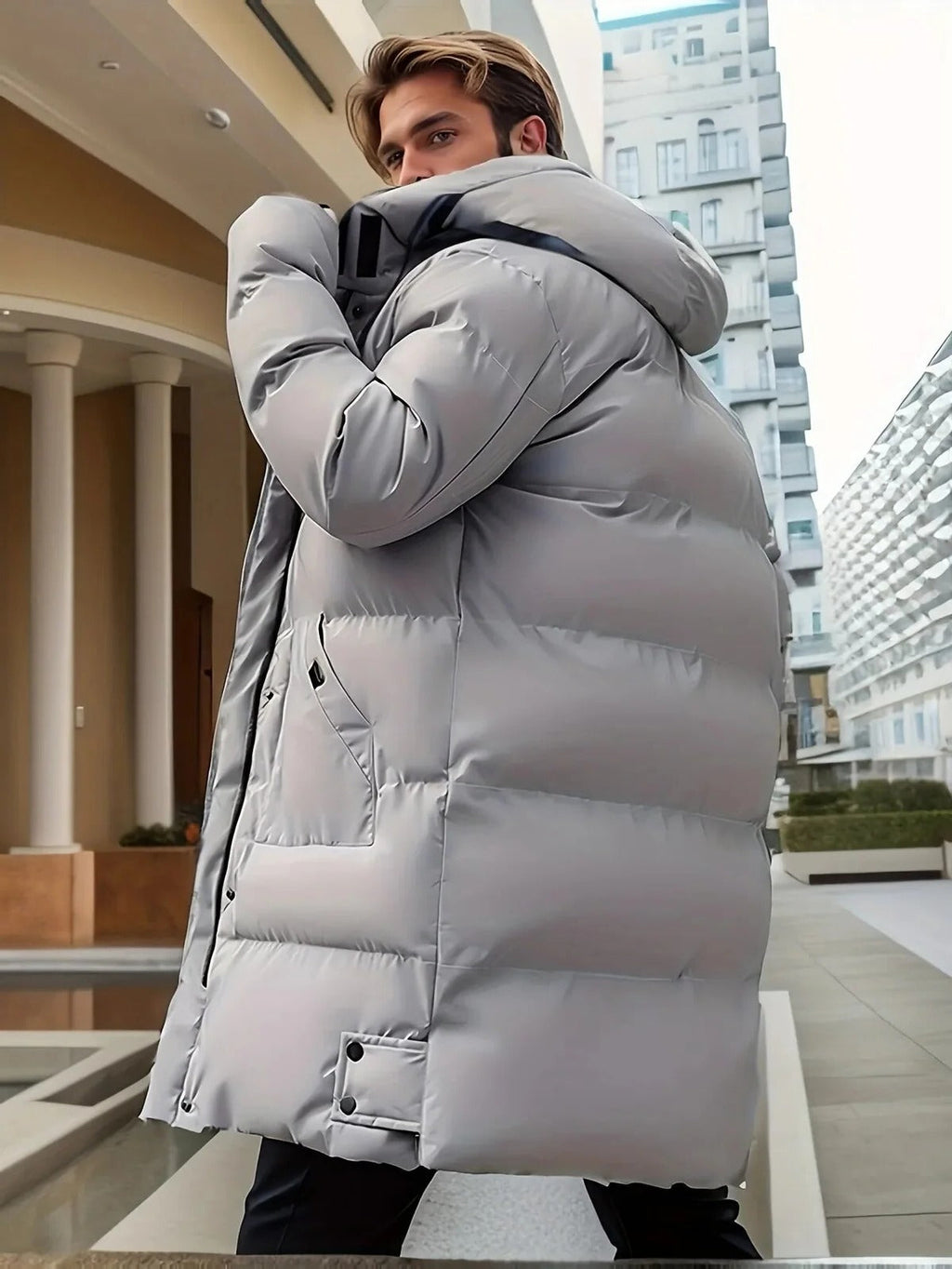 Men's Waterproof Winter Jacket with Quilted Insulation and Adjustable Hood, Long Cut Valideals Outlet