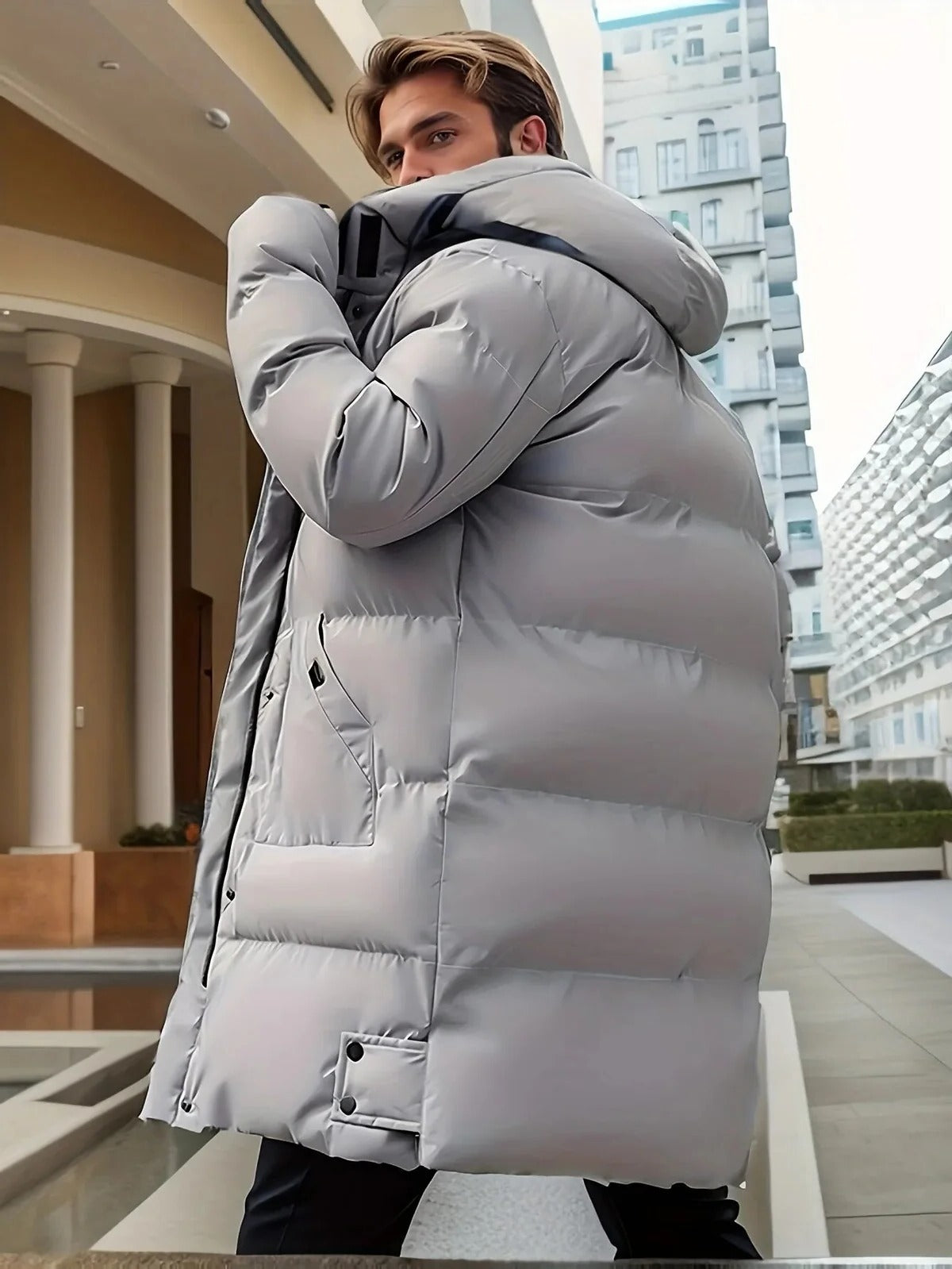 Men's Waterproof Winter Jacket with Quilted Insulation and Adjustable Hood, Long Cut Valideals Outlet