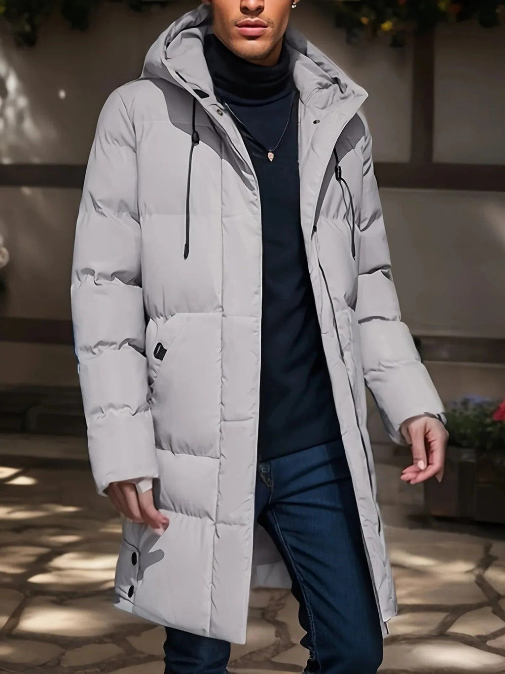 Men's Waterproof Winter Jacket with Quilted Insulation and Adjustable Hood, Long Cut Valideals Outlet