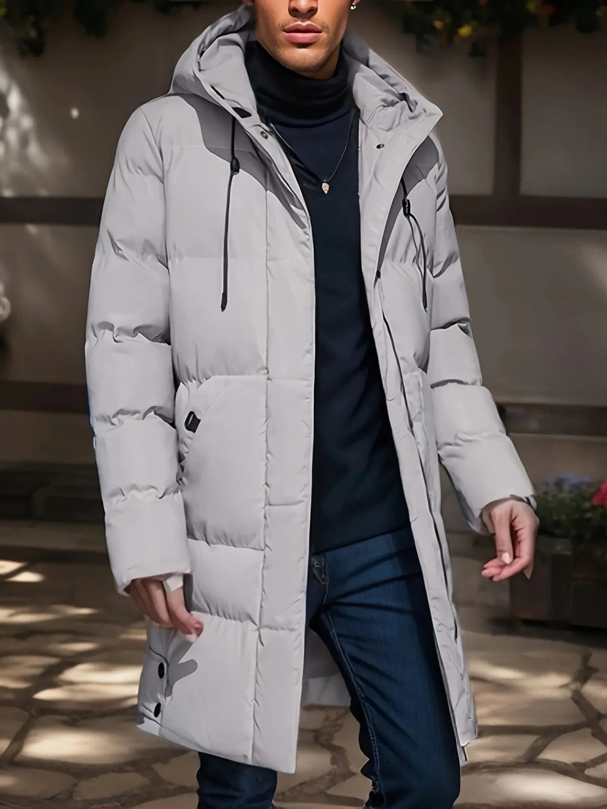 Men's Waterproof Winter Jacket with Quilted Insulation and Adjustable Hood, Long Cut Valideals Outlet
