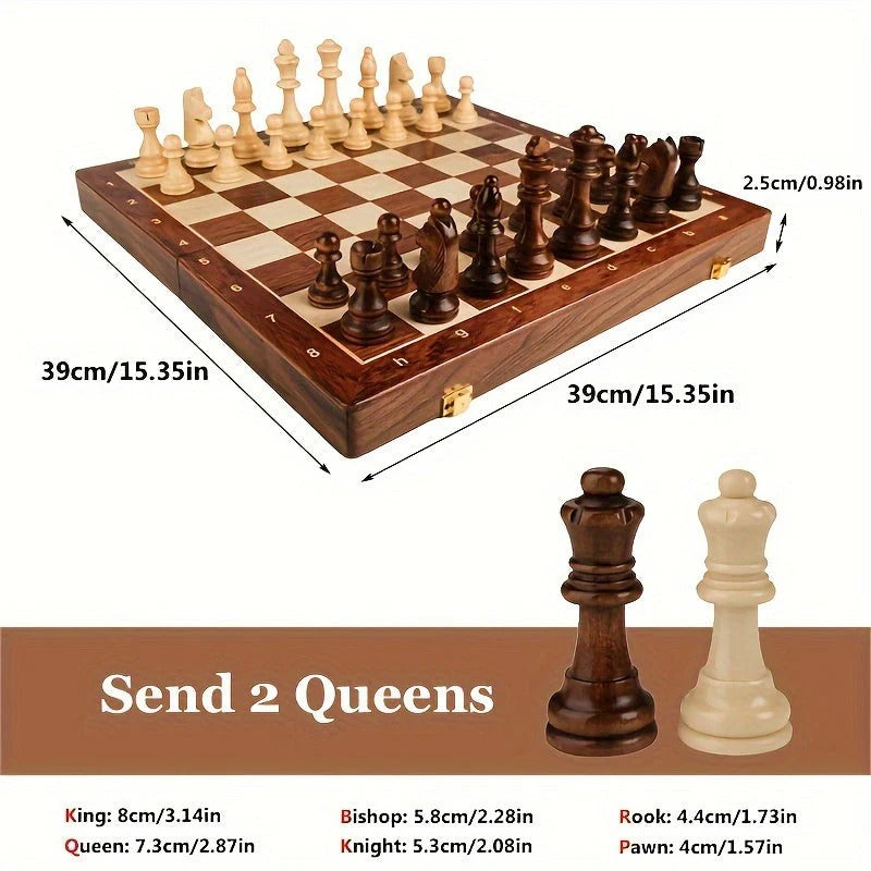 Solid Wood Chess Board with 34 Pieces and Stable Low-Profile Bases, 15.7x15.7x1.6 in Valideals Outlet