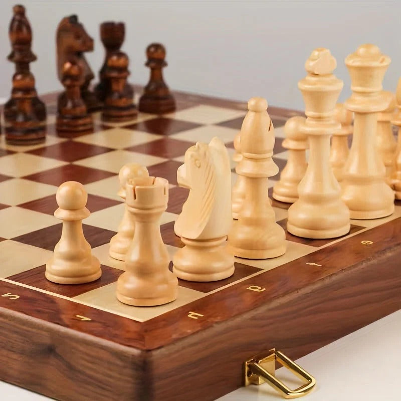Solid Wood Chess Board with 34 Pieces and Stable Low-Profile Bases, 15.7x15.7x1.6 in Valideals Outlet