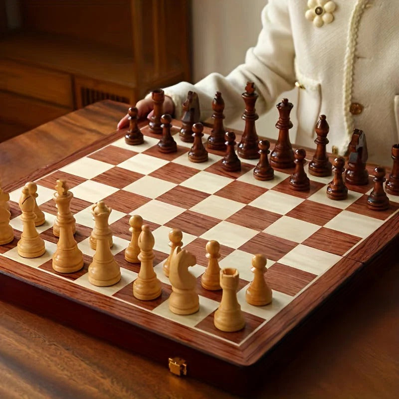 Solid Wood Chess Board with 34 Pieces and Stable Low-Profile Bases, 15.7x15.7x1.6 in Valideals Outlet