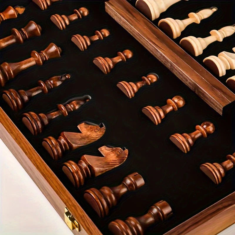 Solid Wood Chess Board with 34 Pieces and Stable Low-Profile Bases, 15.7x15.7x1.6 in Valideals Outlet