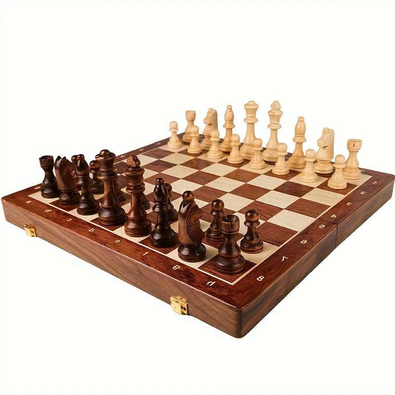 Solid Wood Chess Board with 34 Pieces and Stable Low-Profile Bases, 15.7x15.7x1.6 in Valideals Outlet