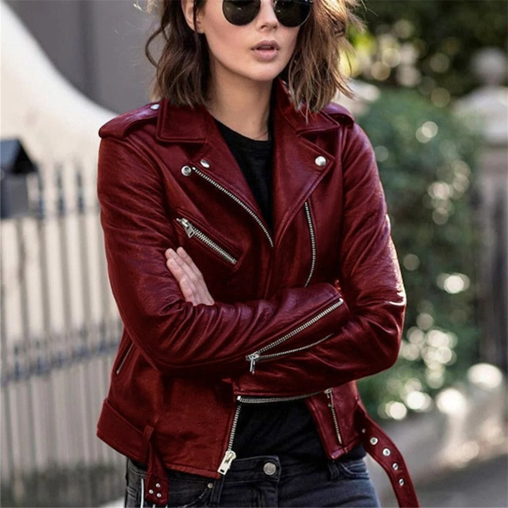 Leather Jacket for Women with Slanted Front Zipper and Snap Collar, Tailored Fit Valideals Outlet