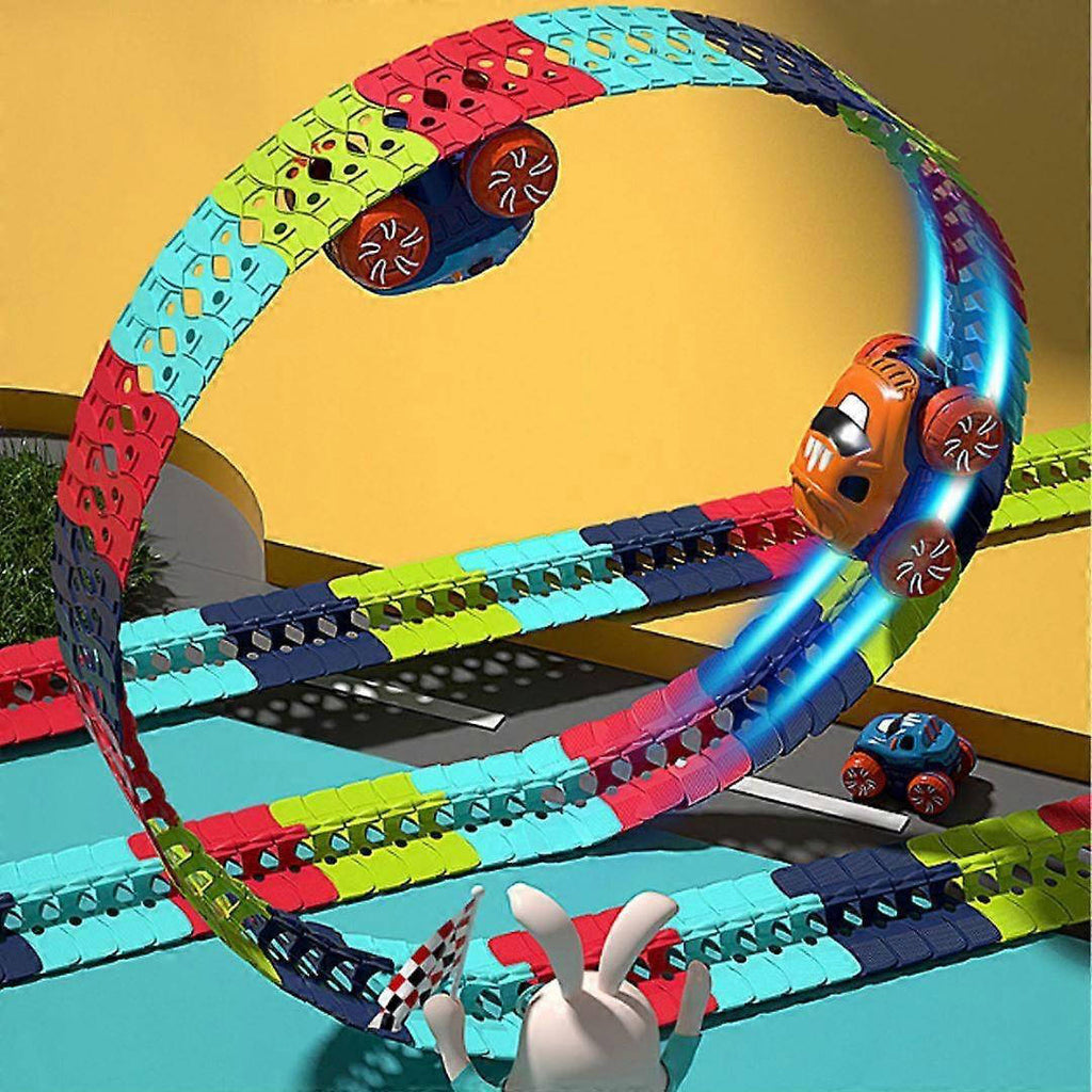 Kids Race Track with LED Glow and Anti-Tip Car, Snap-Together Flexible Circuit Valideals Outlet