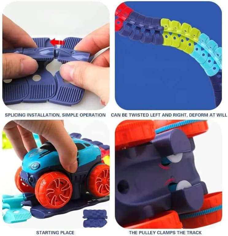 Kids Race Track with LED Glow and Anti-Tip Car, Snap-Together Flexible Circuit Valideals Outlet