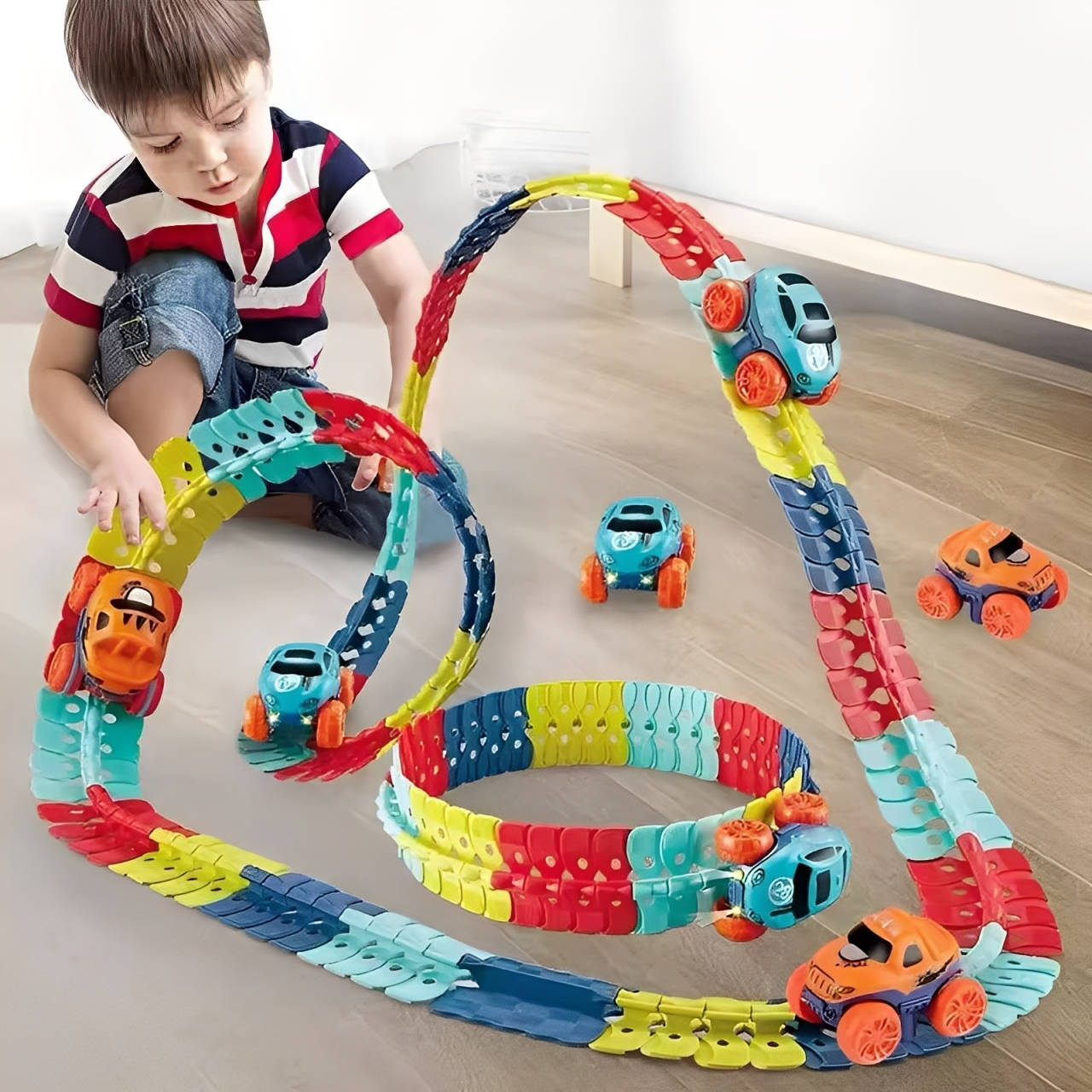 Kids Race Track with LED Glow and Anti-Tip Car, Snap-Together Flexible Circuit Valideals Outlet