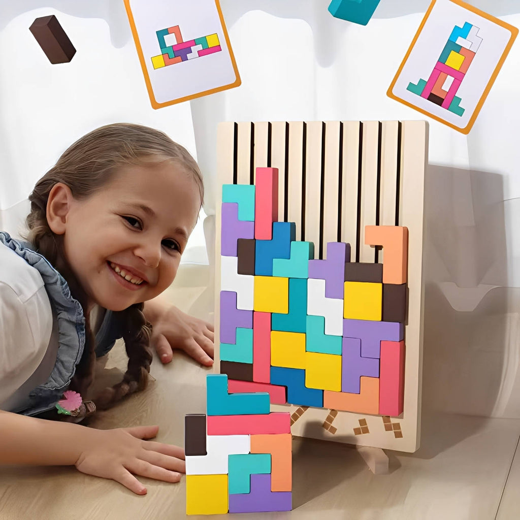 Wooden Block Puzzle with 42 Pieces and Foldout Stand, 10 Double-Sided Cards Valideals Outlet