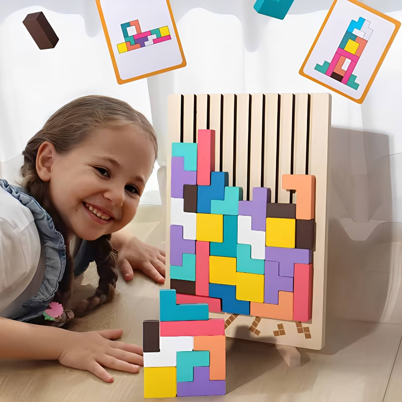 Wooden Block Puzzle with 42 Pieces and Foldout Stand, 10 Double-Sided Cards Valideals Outlet