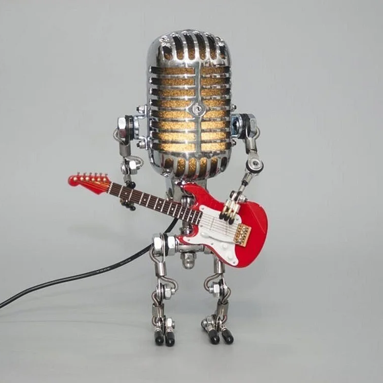Vintage Microphone Lamp with Adjustable Metal Joints and Guitar Accent, Plug-In LED Bulb Valideals Outlet