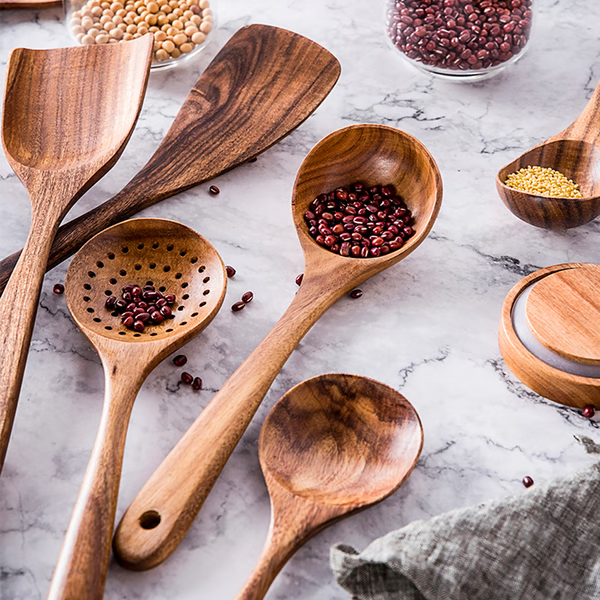 Teak Wood Utensil Set with Hand-Sanded Finish and Heat-Tolerant Handles, 8-Piece Valideals Outlet