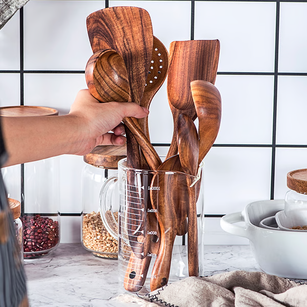 Teak Wood Utensil Set with Hand-Sanded Finish and Heat-Tolerant Handles, 8-Piece Valideals Outlet