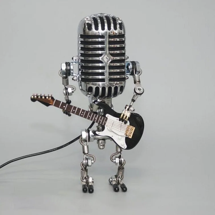 Vintage Microphone Lamp with Adjustable Metal Joints and Guitar Accent, Plug-In LED Bulb Valideals Outlet