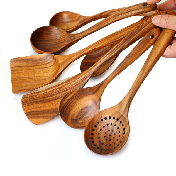 Teak Wood Utensil Set with Hand-Sanded Finish and Heat-Tolerant Handles, 8-Piece Valideals Outlet