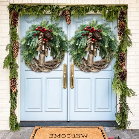 Christmas Wreath with Gold Bells and Pinecones, 17-Inch Rustic Vine Base Valideals Outlet
