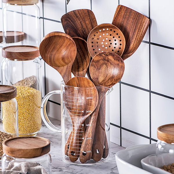 Teak Wood Utensil Set with Hand-Sanded Finish and Heat-Tolerant Handles, 8-Piece Valideals Outlet