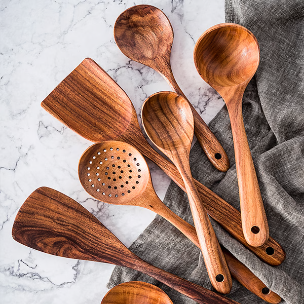 Teak Wood Utensil Set with Hand-Sanded Finish and Heat-Tolerant Handles, 8-Piece Valideals Outlet