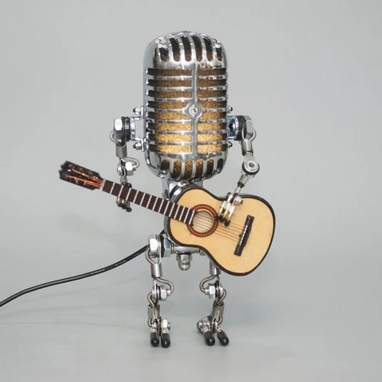 Vintage Microphone Lamp with Adjustable Metal Joints and Guitar Accent, Plug-In LED Bulb Valideals Outlet