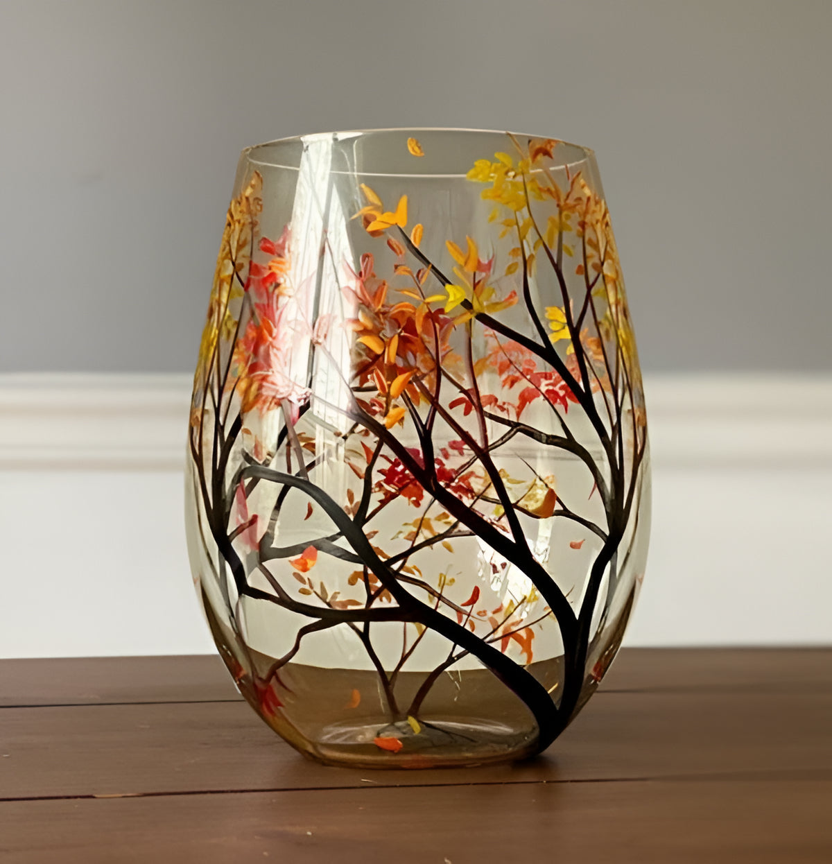 Hand Painted Seasonal Tree Wine Glass with 12oz Capacity, Dishwasher Safe Valideals Outlet