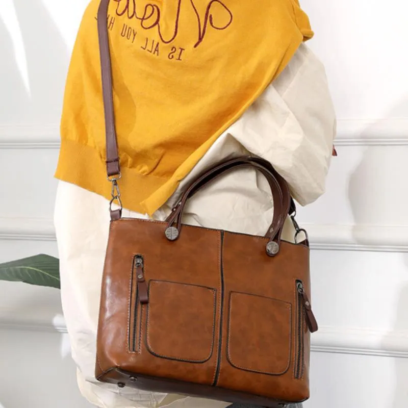 Genuine Leather Handbag with Magnetic Flap and Multiple Pockets, Compact Profile Valideals Outlet