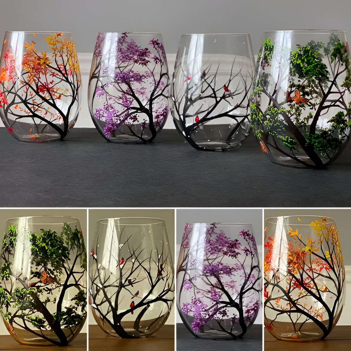 Hand Painted Seasonal Tree Wine Glass with 12oz Capacity, Dishwasher Safe Valideals Outlet