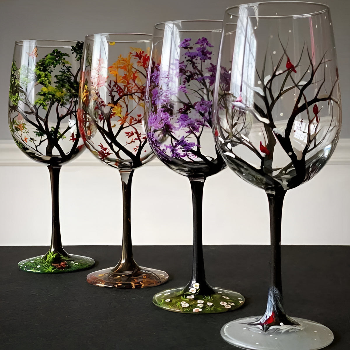 Hand Painted Seasonal Tree Wine Glass with 12oz Capacity, Dishwasher Safe Valideals Outlet