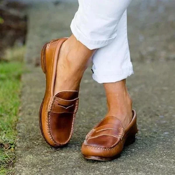 Women's Slip-On Loafers with Low Heel and PU Leather Upper, Round Toe Comfort Valideals Outlet